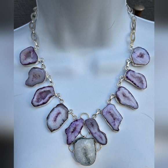 Agate purple lace drutzy sterling silver bib necklace - Picture 3 of 9
